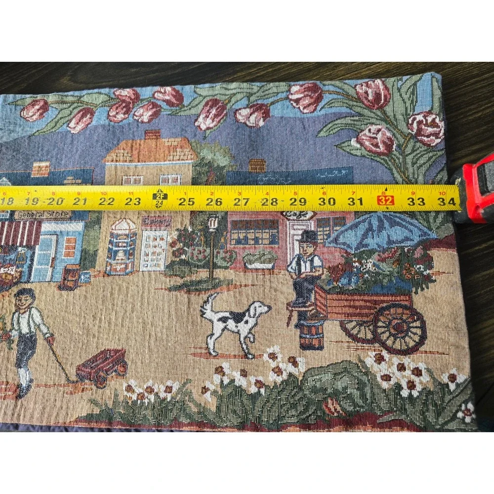 Tapestry Table Runner Village Scene Tulip Border Cottagecore Decor‎ 33x11